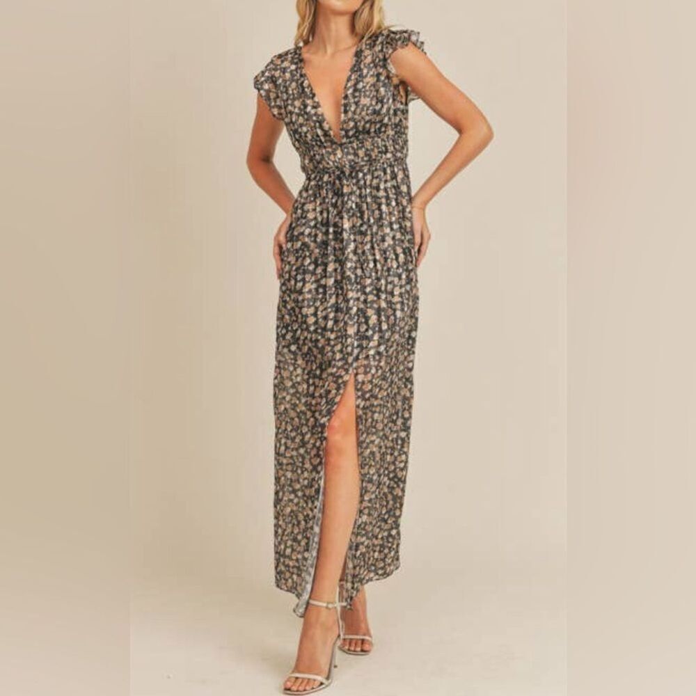 Lush Silky Maxi Dress Metallic Cheetah Print Plunging Neckline & Slit Sz Small
